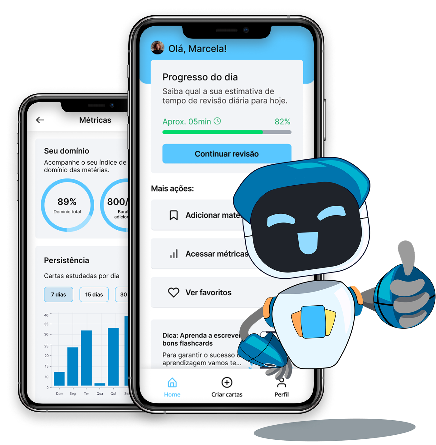 Telas do app Academy Cards e mascote Axel mostrando flashcards de revisão